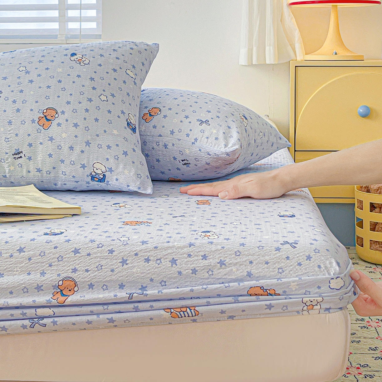 91家纺网 家纺一手货源 找家纺 仟人梦 2026新款云感双层纱印花单床笠床笠单件 淘气狗