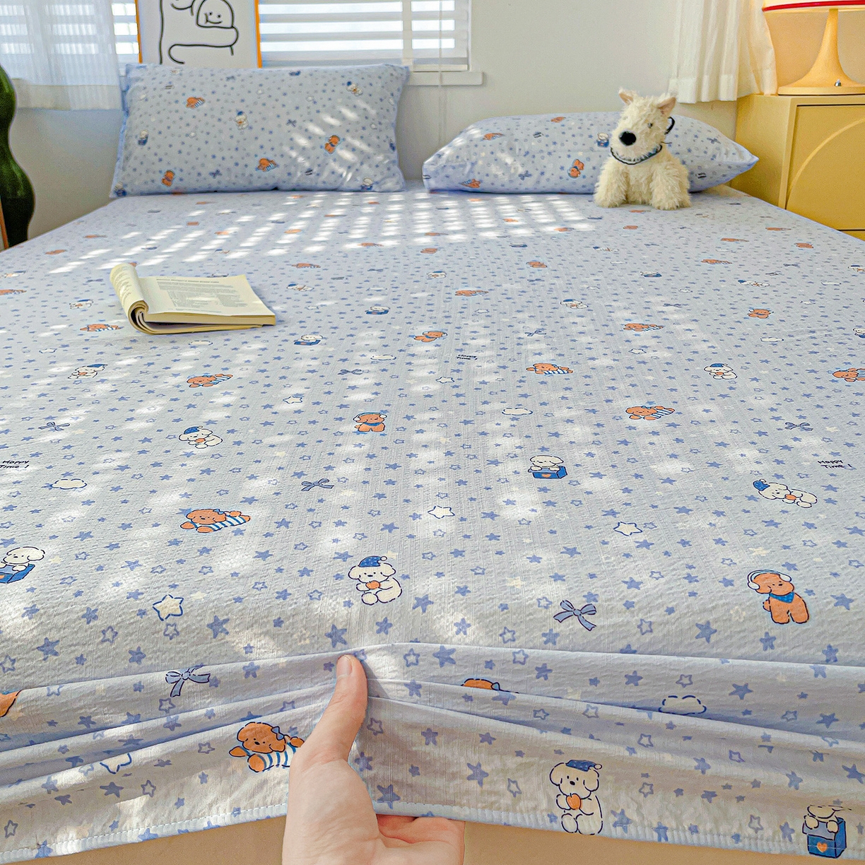 91家纺网 家纺一手货源 找家纺 仟人梦 2026新款云感双层纱印花单床笠床笠单件 淘气狗