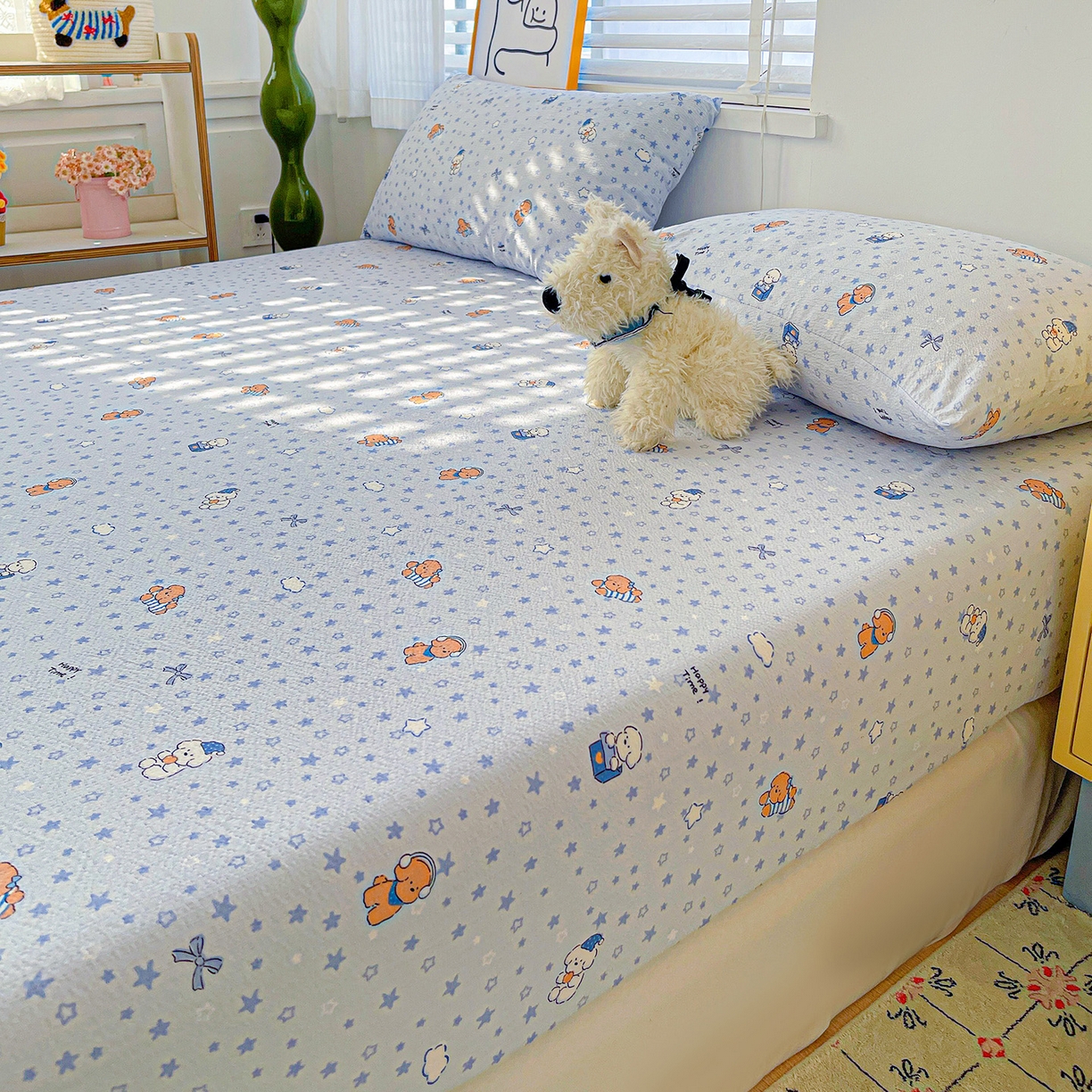 91家纺网 家纺一手货源 找家纺 仟人梦 2026新款云感双层纱印花单床笠床笠单件 淘气狗