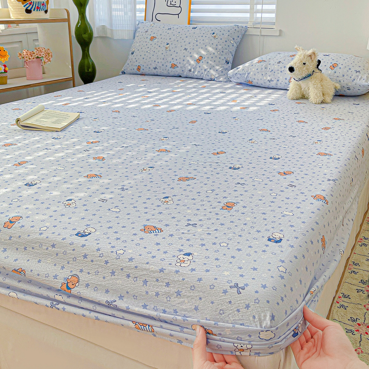 91家纺网 家纺一手货源 找家纺 仟人梦 2026新款云感双层纱印花单床笠床笠单件 淘气狗