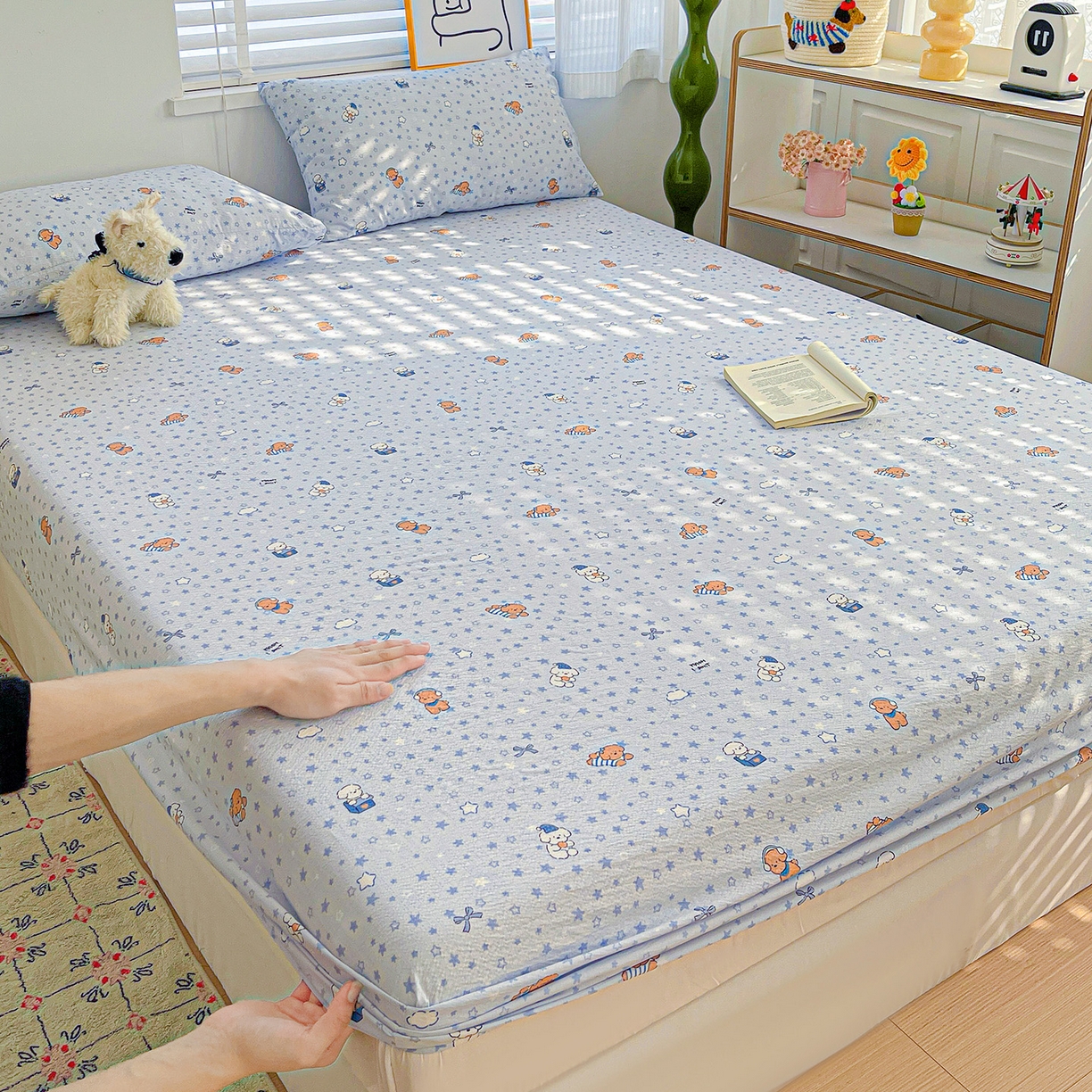 91家纺网 家纺一手货源 找家纺 仟人梦 2026新款云感双层纱印花单床笠床笠单件 淘气狗