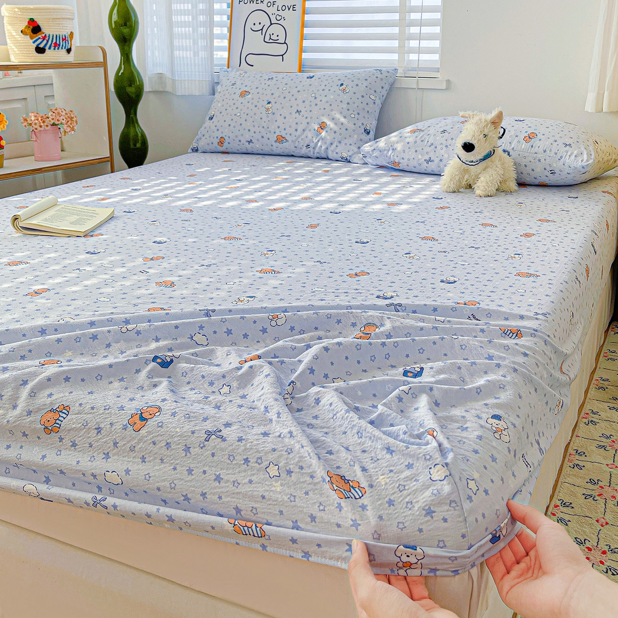 91家纺网 家纺一手货源 找家纺 仟人梦 2026新款云感双层纱印花单床笠床笠单件 淘气狗