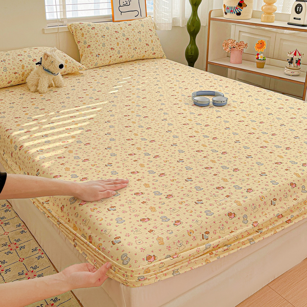 91家纺网 家纺一手货源 找家纺 仟人梦 2026新款云感双层纱印花单床笠床笠单件 西高地