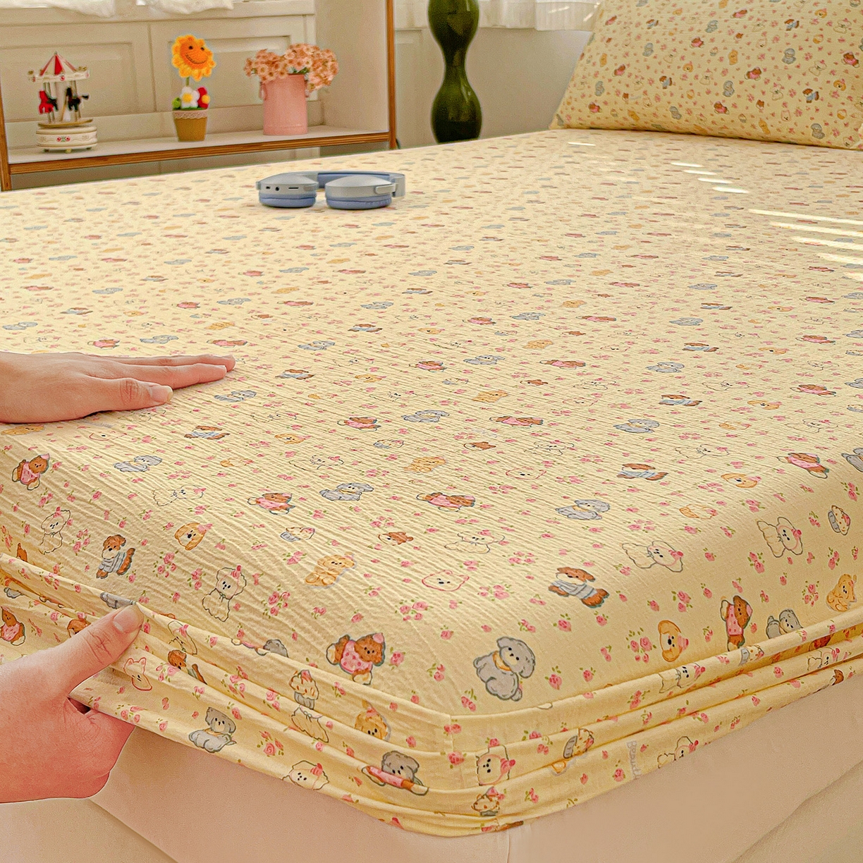 91家纺网 家纺一手货源 找家纺 仟人梦 2026新款云感双层纱印花单床笠床笠单件 西高地