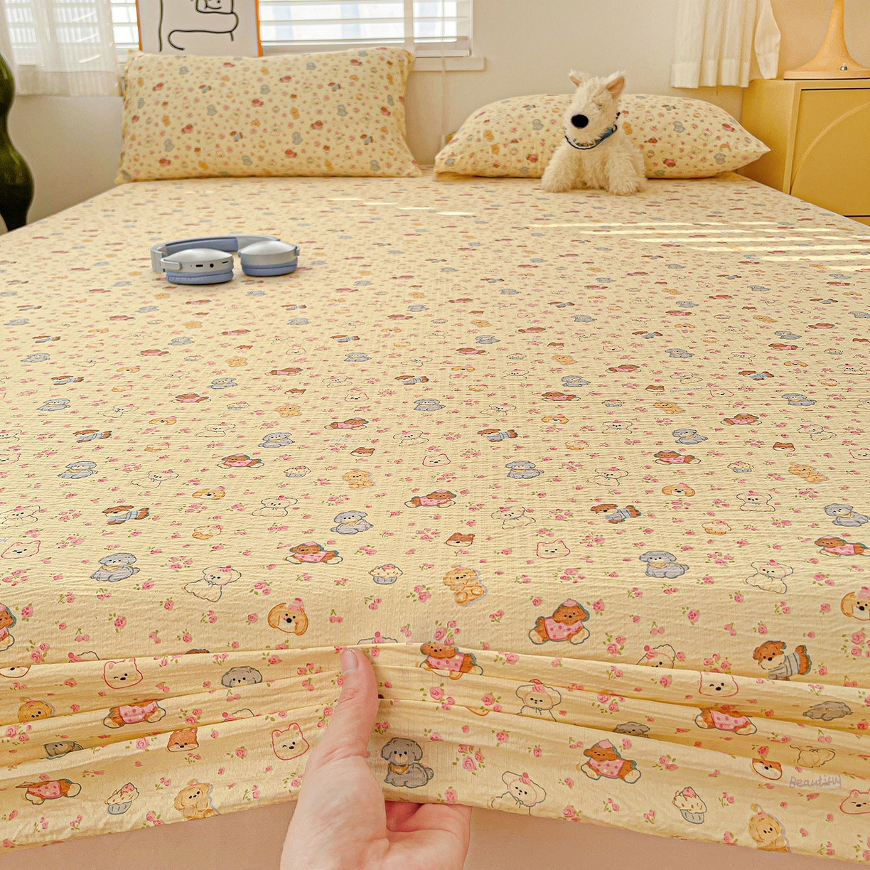 91家纺网 家纺一手货源 找家纺 仟人梦 2026新款云感双层纱印花单床笠床笠单件 西高地