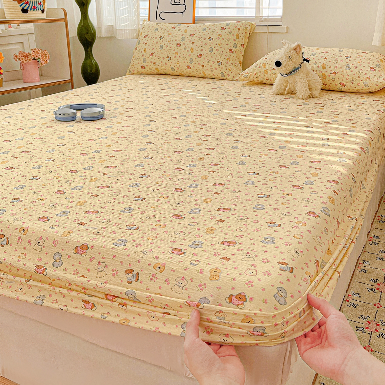 91家纺网 家纺一手货源 找家纺 仟人梦 2026新款云感双层纱印花单床笠床笠单件 西高地