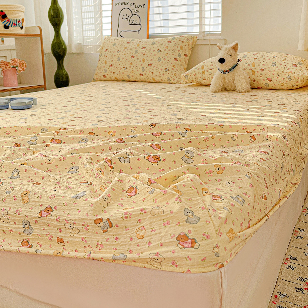 91家纺网 家纺一手货源 找家纺 仟人梦 2026新款云感双层纱印花单床笠床笠单件 西高地