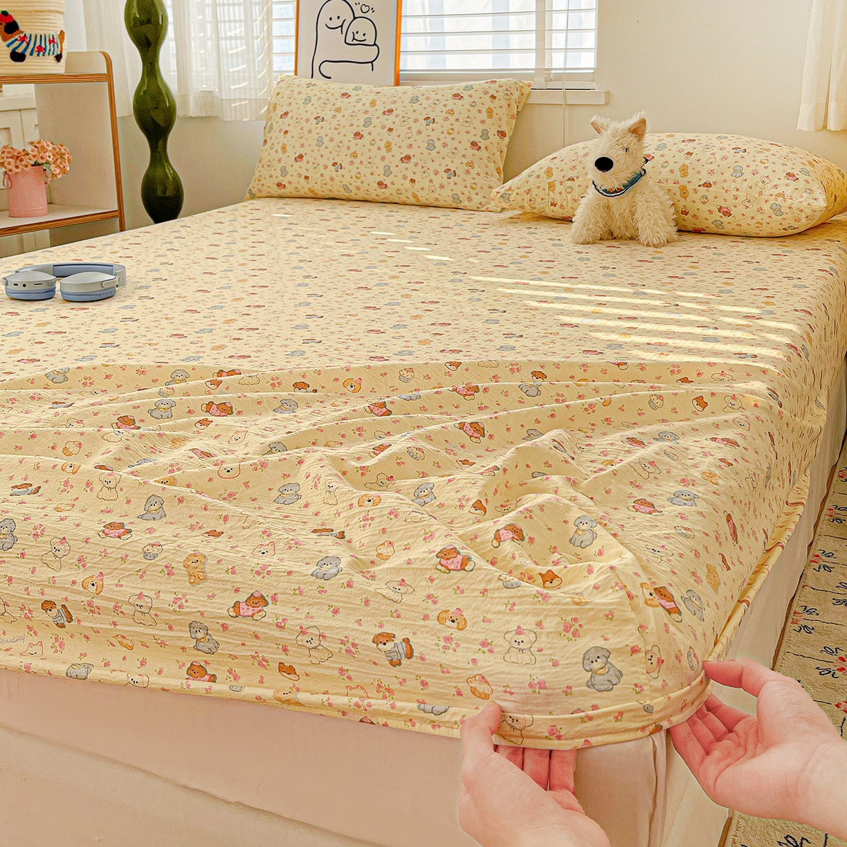 91家纺网 家纺一手货源 找家纺 仟人梦 2026新款云感双层纱印花单床笠床笠单件 西高地