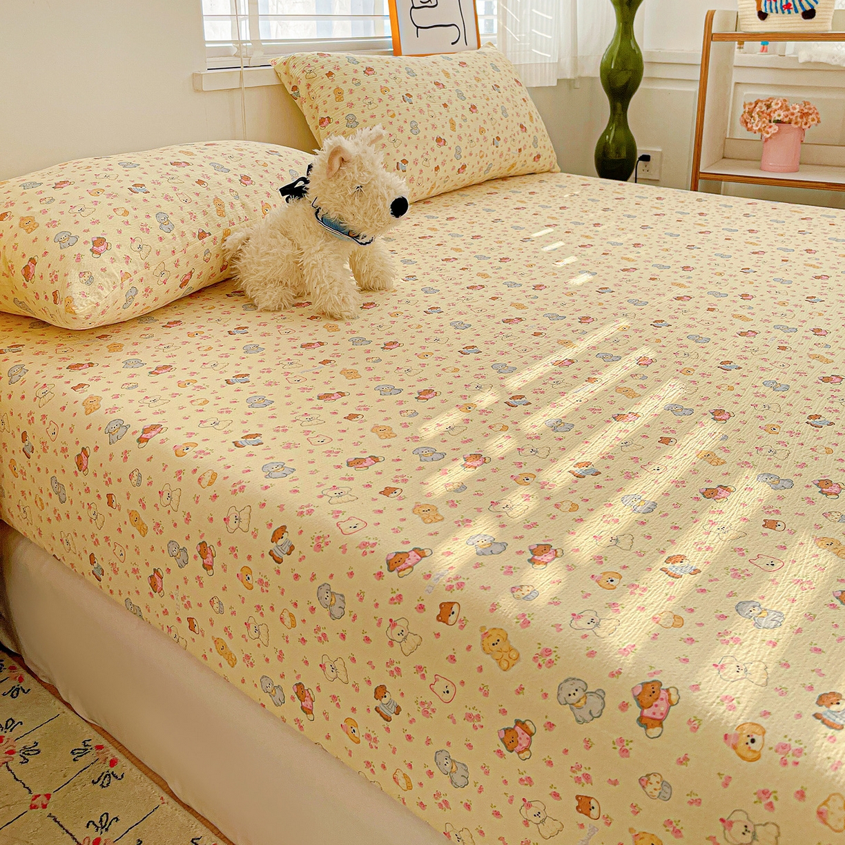 91家纺网 家纺一手货源 找家纺 仟人梦 2026新款云感双层纱印花单床笠床笠单件 西高地