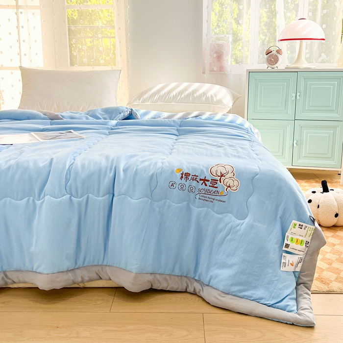 91家纺网 家纺一手货源 找家纺 默忆 2026新款A类双层纱水洗棉麻大豆夏被被子被芯 星空蓝