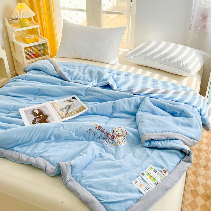 91家纺网 家纺一手货源 找家纺 默忆 2026新款A类双层纱水洗棉麻大豆夏被被子被芯 星空蓝