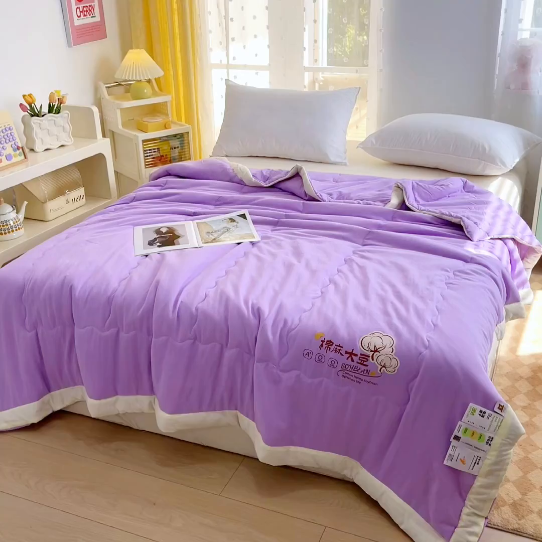 91家纺网 家纺一手货源 找家纺 默忆 2026新款A类双层纱水洗棉麻大豆夏被被子被芯 熏衣紫