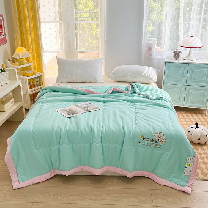 91家纺网 家纺一手货源 找家纺 默忆 2026新款A类双层纱水洗棉麻大豆夏被被子被芯 青叶绿