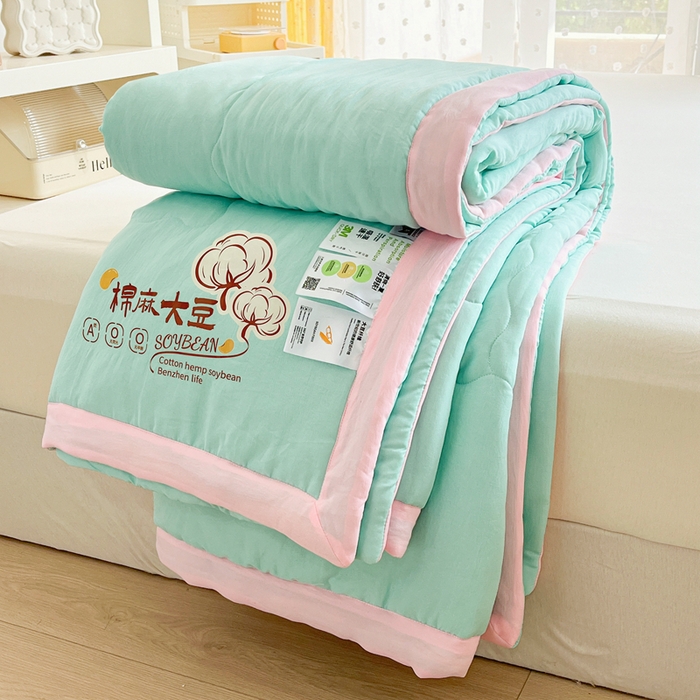 91家纺网 家纺一手货源 找家纺 默忆 2026新款A类双层纱水洗棉麻大豆夏被被子被芯 青叶绿