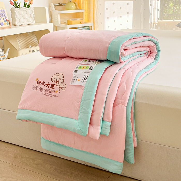 91家纺网 家纺一手货源 找家纺 默忆 2026新款A类双层纱水洗棉麻大豆夏被被子被芯 胭脂粉