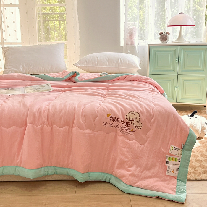 91家纺网 家纺一手货源 找家纺 默忆 2026新款A类双层纱水洗棉麻大豆夏被被子被芯 胭脂粉