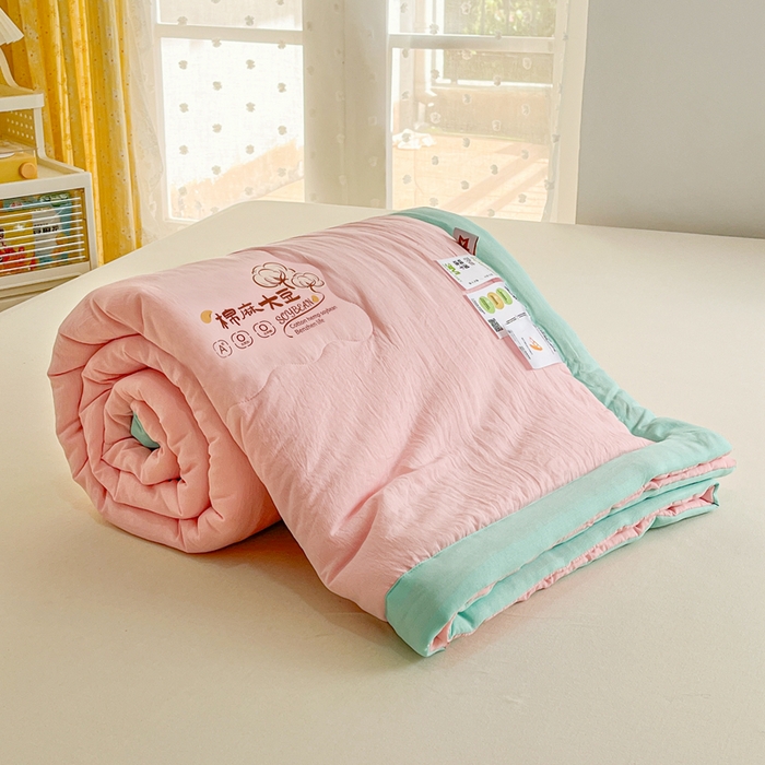 91家纺网 家纺一手货源 找家纺 默忆 2026新款A类双层纱水洗棉麻大豆夏被被子被芯 胭脂粉