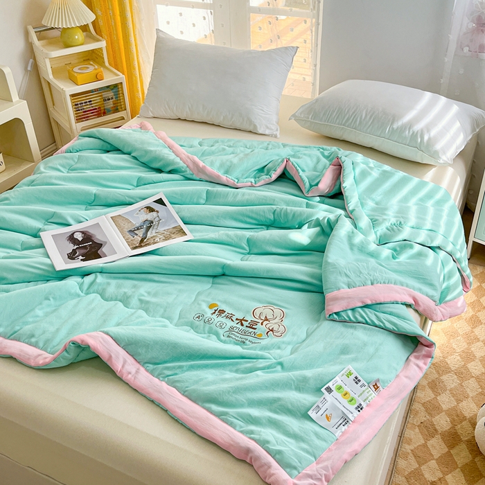 91家纺网 家纺一手货源 找家纺 默忆 2026新款A类双层纱水洗棉麻大豆夏被被子被芯 青叶绿