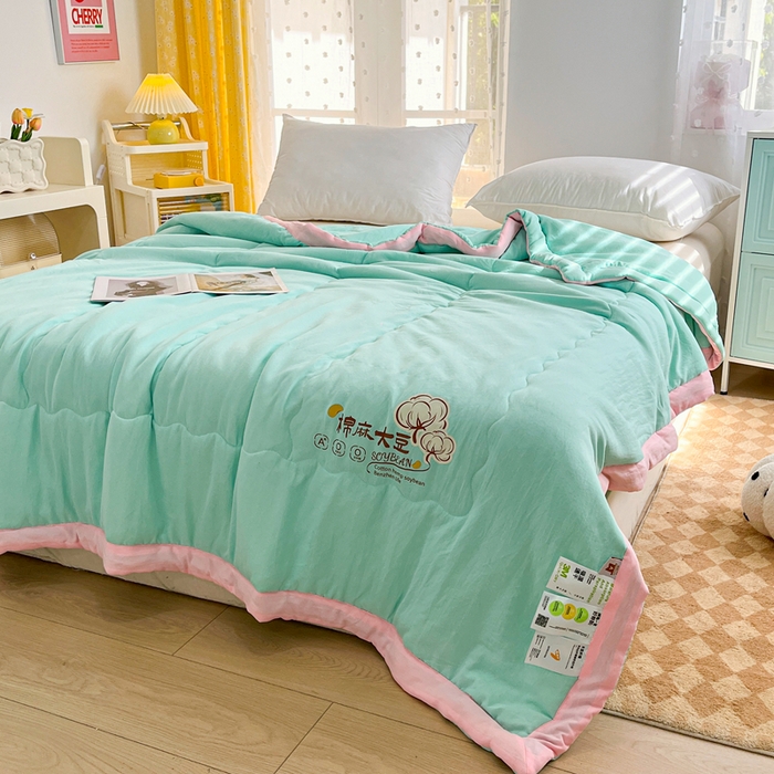 91家纺网 家纺一手货源 找家纺 默忆 2026新款A类双层纱水洗棉麻大豆夏被被子被芯 青叶绿