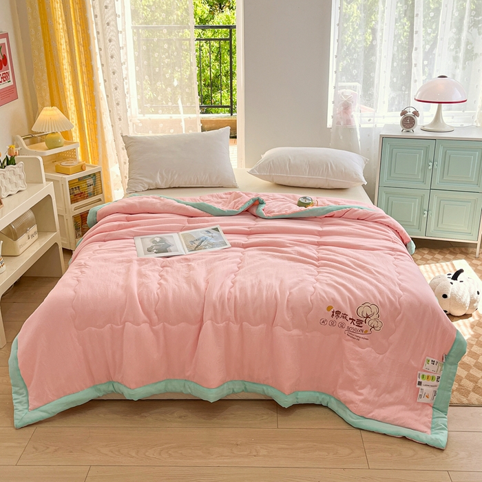 91家纺网 家纺一手货源 找家纺 默忆 2026新款A类双层纱水洗棉麻大豆夏被被子被芯 胭脂粉