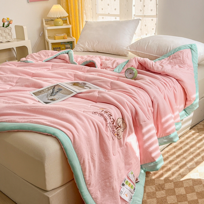 91家纺网 家纺一手货源 找家纺 默忆 2026新款A类双层纱水洗棉麻大豆夏被被子被芯 胭脂粉