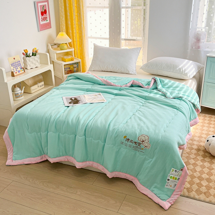 91家纺网 家纺一手货源 找家纺 默忆 2026新款A类双层纱水洗棉麻大豆夏被被子被芯 青叶绿