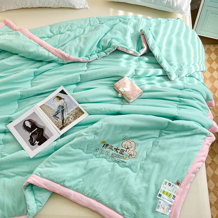 91家纺网 家纺一手货源 找家纺 默忆 2026新款A类双层纱水洗棉麻大豆夏被被子被芯 青叶绿