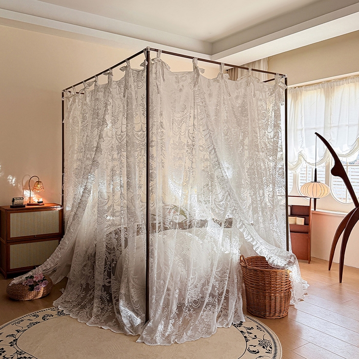 91家纺网 家纺一手货源 找家纺 都市缘蚊帐 2026新款浪漫落地蕾丝花边蚊帐905提花系带系列 挪威森林-奶油白