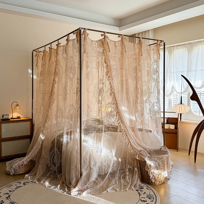 91家纺网 家纺一手货源 找家纺 都市缘蚊帐 2026新款浪漫落地蕾丝花边蚊帐905提花系带系列 薇尔庄园-奶油香槟