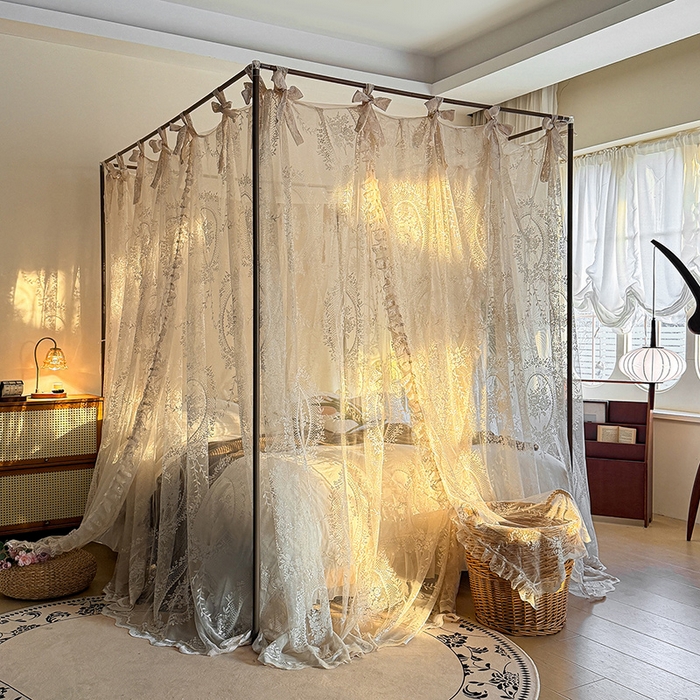 91家纺网 家纺一手货源 找家纺 都市缘蚊帐 2026新款浪漫落地蕾丝花边蚊帐905提花系带系列 薇尔庄园-奶油杏