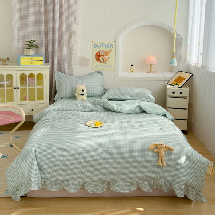 91家纺网 家纺一手货源 找家纺 默忆 2026新款A类水洗棉双层纱花边夏被夏凉被空调被被子被芯 浅绿小格