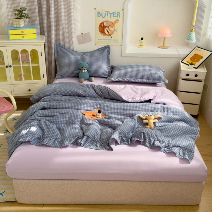 91家纺网 家纺一手货源 找家纺 默忆 2026新款A类水洗棉双层纱花边夏被夏凉被空调被被子被芯 深蓝小格