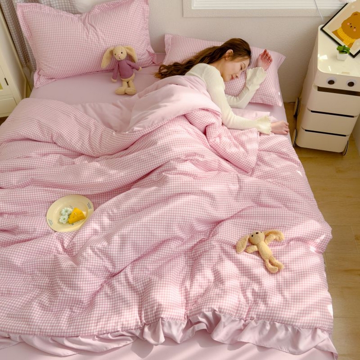 91家纺网 家纺一手货源 找家纺 默忆 2026新款A类水洗棉双层纱花边夏被夏凉被空调被被子被芯 粉小格