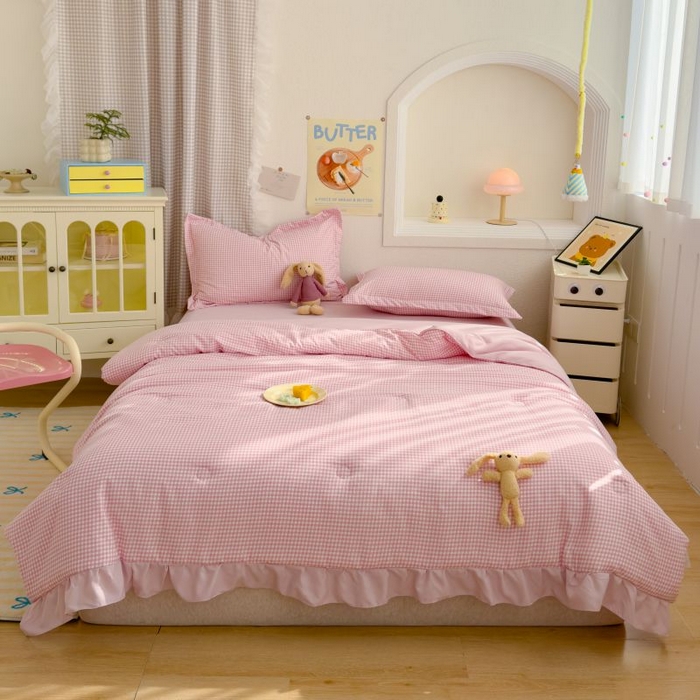 默忆 2026新款A类水洗棉双层纱花边夏被夏凉被空调被被子被芯 粉小格