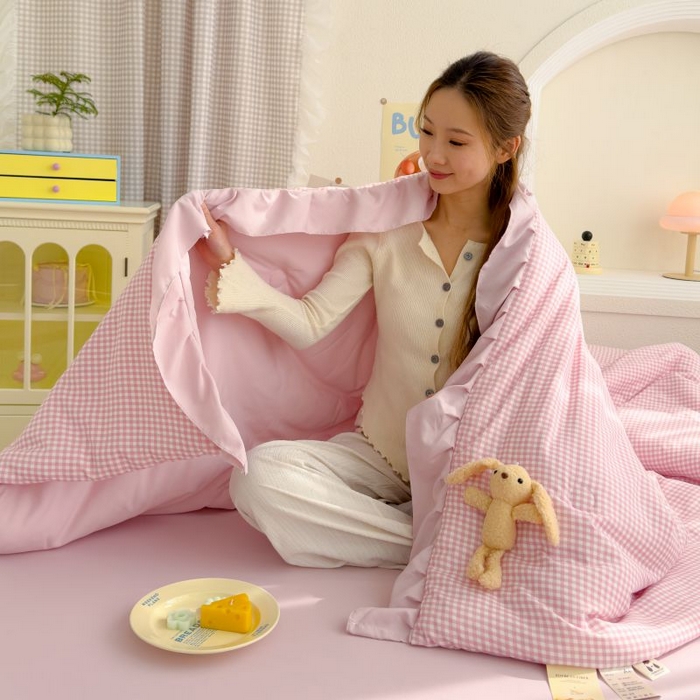 91家纺网 家纺一手货源 找家纺 默忆 2026新款A类水洗棉双层纱花边夏被夏凉被空调被被子被芯 粉小格