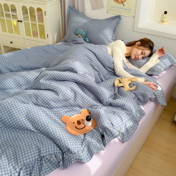 91家纺网 家纺一手货源 找家纺 默忆 2026新款A类水洗棉双层纱花边夏被夏凉被空调被被子被芯 深蓝小格