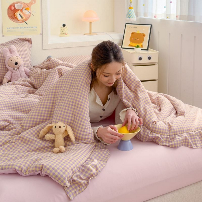 91家纺网 家纺一手货源 找家纺 默忆 2026新款A类水洗棉双层纱花边夏被夏凉被空调被被子被芯 粉黄小格