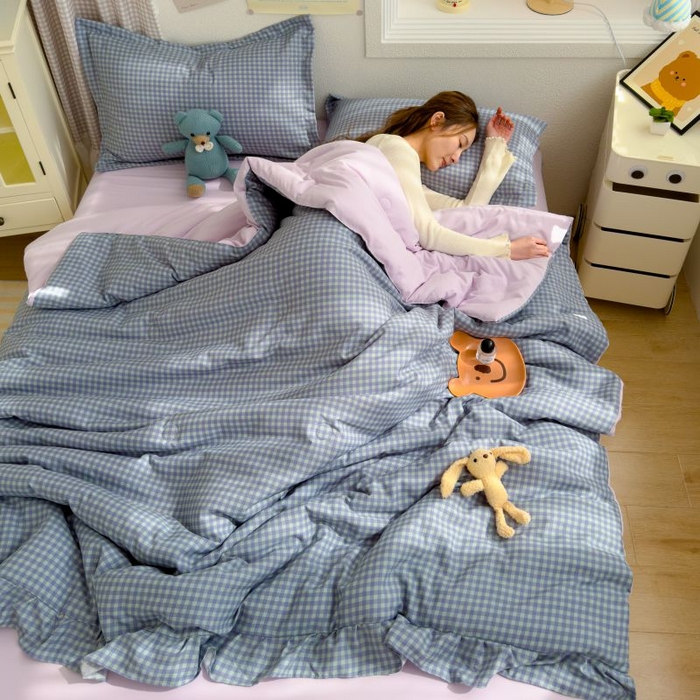 91家纺网 家纺一手货源 找家纺 默忆 2026新款A类水洗棉双层纱花边夏被夏凉被空调被被子被芯 深蓝小格