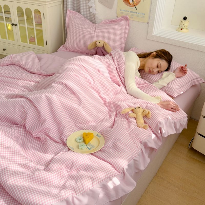 91家纺网 家纺一手货源 找家纺 默忆 2026新款A类水洗棉双层纱花边夏被夏凉被空调被被子被芯 粉小格