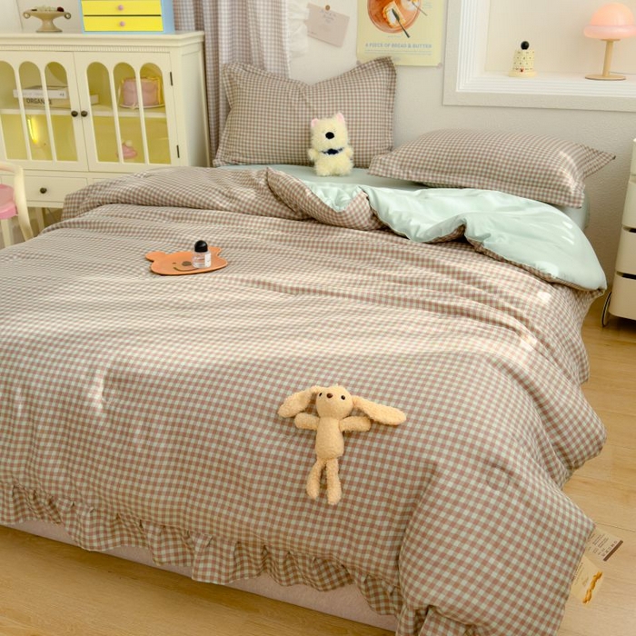 91家纺网 家纺一手货源 找家纺 默忆 2026新款A类水洗棉双层纱花边夏被夏凉被空调被被子被芯 咖色小格