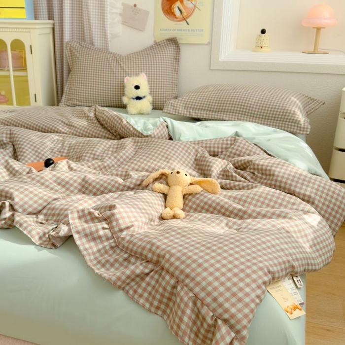 91家纺网 家纺一手货源 找家纺 默忆 2026新款A类水洗棉双层纱花边夏被夏凉被空调被被子被芯 咖色小格