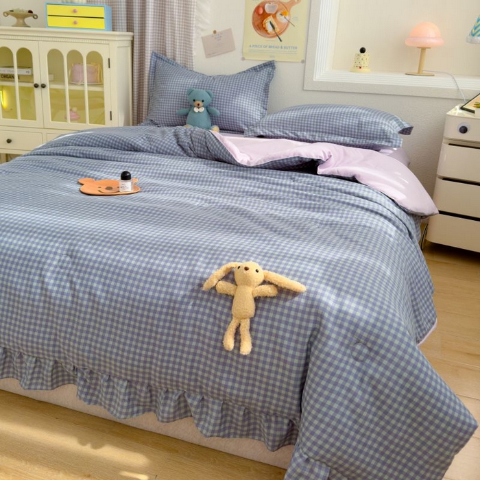 91家纺网 家纺一手货源 找家纺 默忆 2026新款A类水洗棉双层纱花边夏被夏凉被空调被被子被芯 深蓝小格