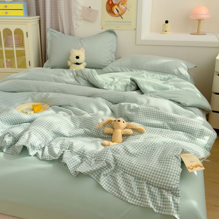 91家纺网 家纺一手货源 找家纺 默忆 2026新款A类水洗棉双层纱花边夏被夏凉被空调被被子被芯 浅绿小格