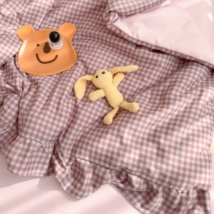 91家纺网 家纺一手货源 找家纺 默忆 2026新款A类水洗棉双层纱花边夏被夏凉被空调被被子被芯 紫粉小格