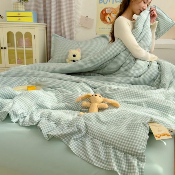 91家纺网 家纺一手货源 找家纺 默忆 2026新款A类水洗棉双层纱花边夏被夏凉被空调被被子被芯 浅绿小格