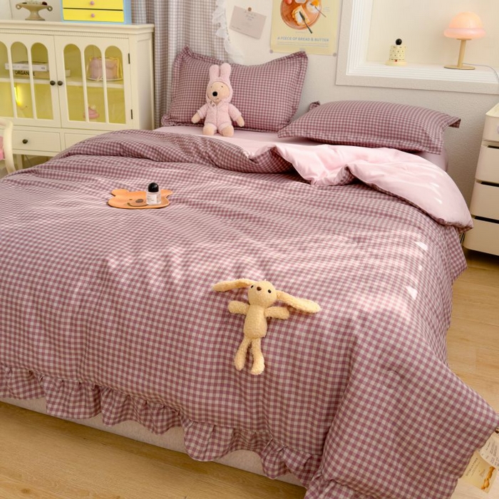 91家纺网 家纺一手货源 找家纺 默忆 2026新款A类水洗棉双层纱花边夏被夏凉被空调被被子被芯 紫粉小格