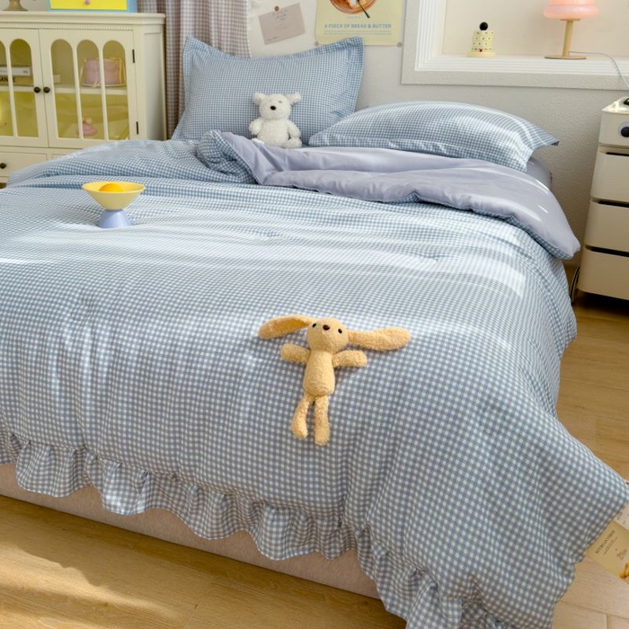 91家纺网 家纺一手货源 找家纺 默忆 2026新款A类水洗棉双层纱花边夏被夏凉被空调被被子被芯 蓝小格