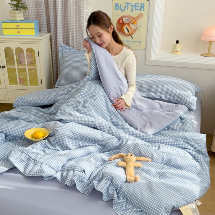 91家纺网 家纺一手货源 找家纺 默忆 2026新款A类水洗棉双层纱花边夏被夏凉被空调被被子被芯 蓝小格