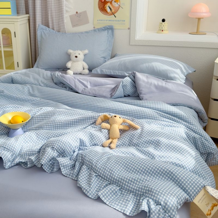 91家纺网 家纺一手货源 找家纺 默忆 2026新款A类水洗棉双层纱花边夏被夏凉被空调被被子被芯 蓝小格