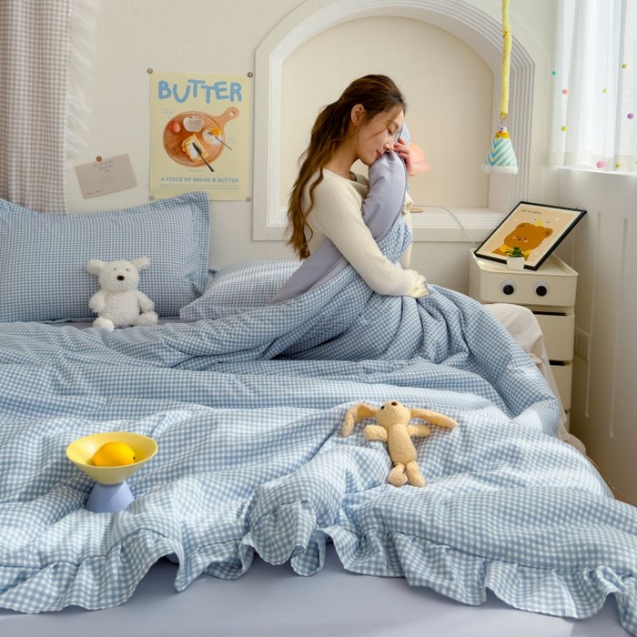 91家纺网 家纺一手货源 找家纺 默忆 2026新款A类水洗棉双层纱花边夏被夏凉被空调被被子被芯 蓝小格